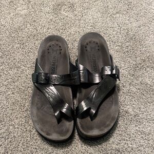 Mephisto Black Leather Toe-Post Sandals with Buckle